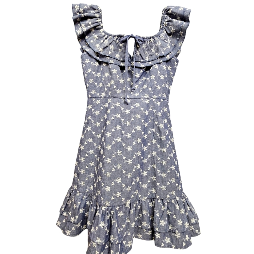 Nwot Chelsea & Violet Off Shoulder Blue/White Eyelet Double Ruffle Summer Dress